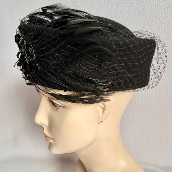 Black Wool Felt Hat iwth Big Feathers, Sequins, Netting - Picture 4 of 10